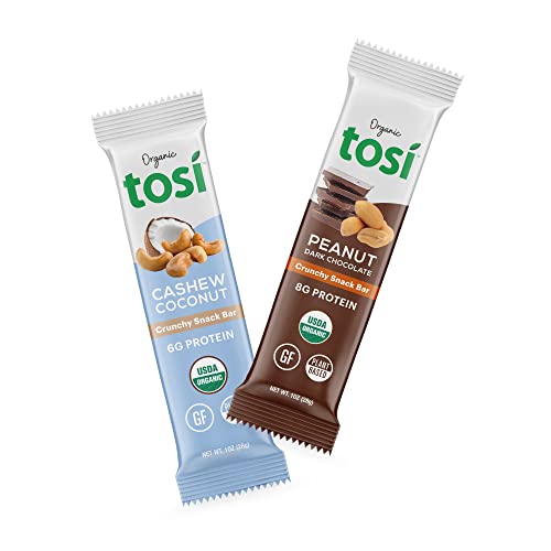 Tosi Cashew Coconut and Dark Chocolate Peanut Protein Bars Combo, Plant Based with Nuts, Gluten-Free Crunchy Snacks, Vegan, Organic, Flax & Chia Seeds, Soy-Free, Omega 3s, 6G/8G Protein, 1 oz, 12-Pack