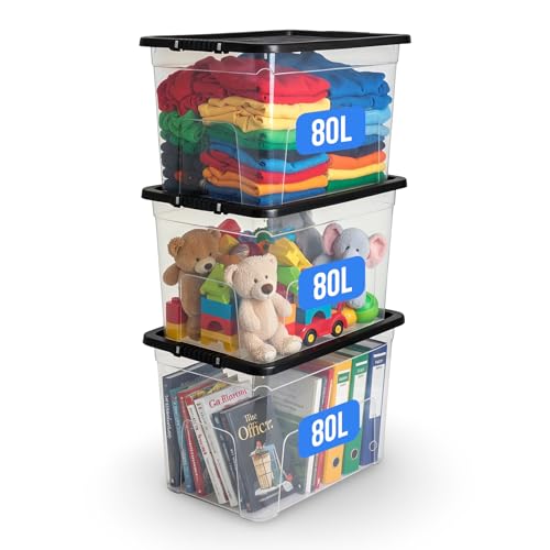 KAPCO 80L Plastic Storage Box with Black Lid (Pack of 3) | Large Stackable Strong Durable Clear Box Containers for Home & Office | Multipurpose Storage Tubs | 57 x 40 x 40cm | 80 Litre - 3 Pack