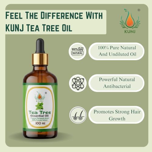 Image of KUNJ Tea Tree Essential Oil for Acne Care, Dandruff, Hair & Scalp Care 100ml | 100% Pure Steam Distilled Tea Tree Oil for Face, Nails, Diffuser & Aromatherapy | Natural Essential Oil