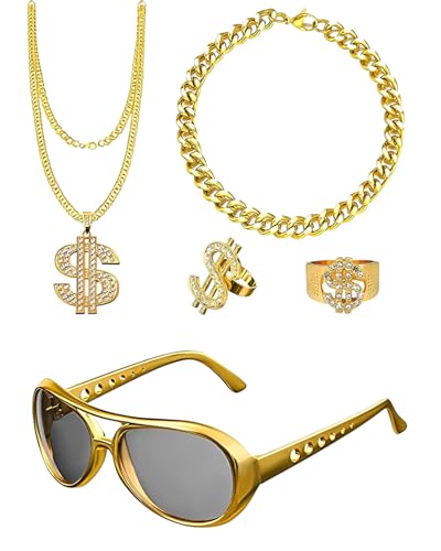 BPTRKOM Kit de 5 piezas de joyería de hip hop de los años 80 y 90: collar y anillo chapados en oro con cadena de dólar. Accesorios de rap para fiestas,cosplay y conciertos (estilo rapero retro)