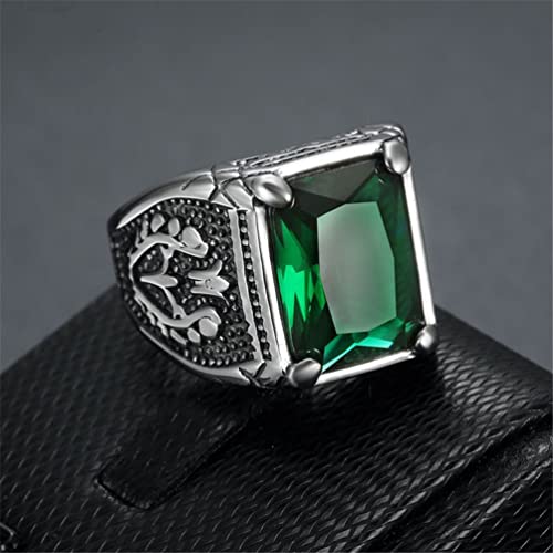 PMTIER Men's Classic Vintage Stainless Steel Carved Flower Pattern Cubic Zirconia Square Green Gemstone Ring Size 10 - Thumbnail 2