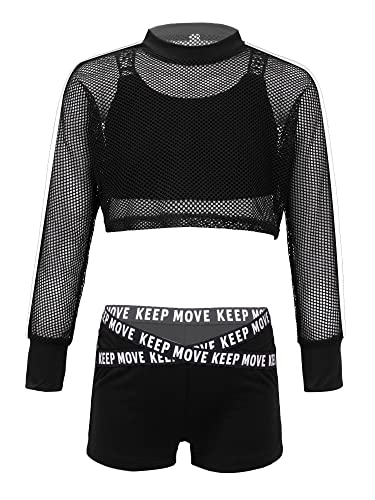 Kids Girls Hip Hop Dance Outfits Mesh Fishnet Net Sweatshirt Crop Tank Top and Booty Shorts Dancewear3