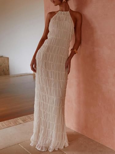 Image of Women Y2k Backless Long Dress Halter Tie Neck Maxi Dress Flowy Beach Sundress Summer Streetwear