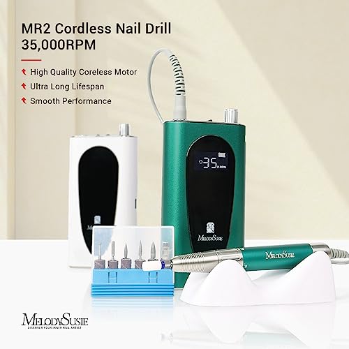 Melodysusie 35000Rpm Nail Drill Professional, Rechargeable Cordless Nail Drill Machine Portable Efile For Acrylic Gel Nails Remove, 8Pcs Nail Drill Bits, Low Noise Low Heat, Sparkle Plus, Green #TOP1