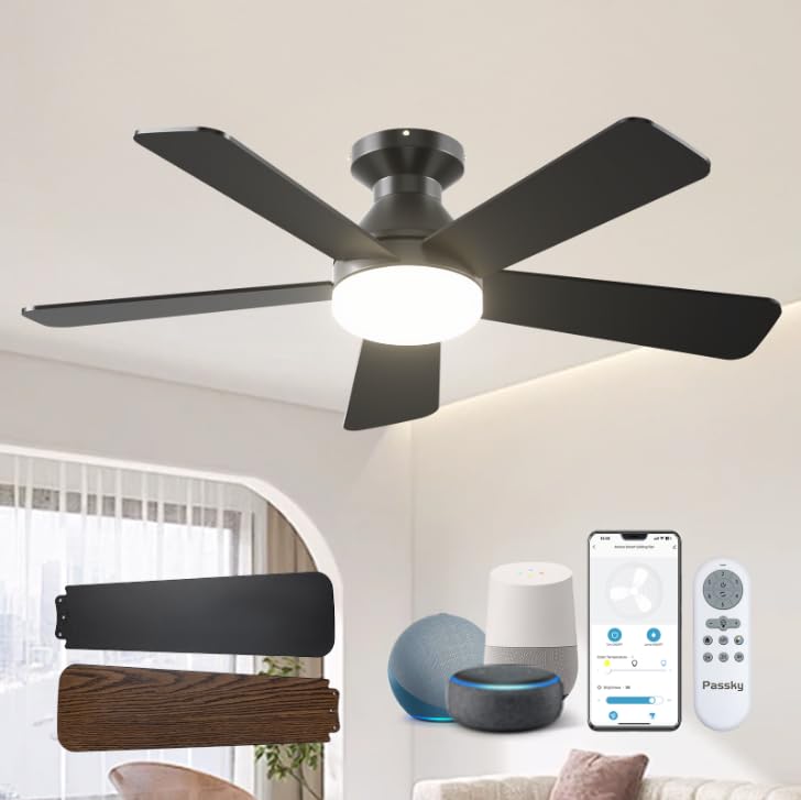 Image of Passky 42 Inch Smart Ceiling Fans with Lights, Low Profile, Alexa, Black | Remote /Alexa Voice Control, 6 speeds, Dimmable 3CCT Light, Quiet Reversible DC Motor, Timer, Memory, Flush Mount for Bedrooms