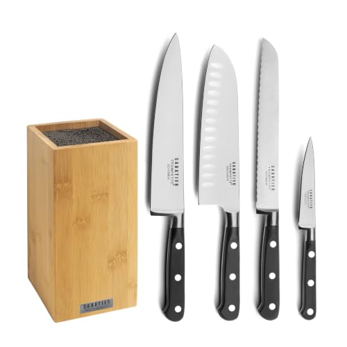 SABATIER TROMPETTE - Bloc tiges spaghetti Bambou avec 4 couteaux de cuisine : Office, Chef, Santoku, Pain - Origin - Acier 5Cr15MoV finition satinée manche ABS - 26 x 15.5 cm - Bois & Noir
