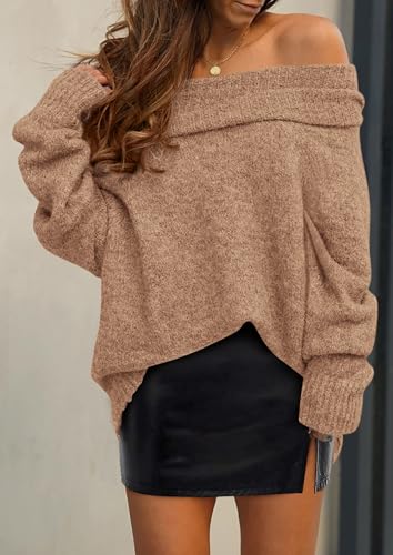 PRETTYGARDEN Women's Off The Shoulder Sweater Long Sleeve Tops 2025 Fall Loose Knit Pullover Sweaters Winter Clothes