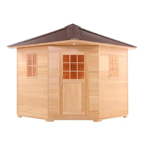 ALEKO Sauna Cottage with Asphalt Roof and Accessories | Canadian Hemlock Wood | Wet Steam Room | Outdoor | 8 Person | Upgraded Premium European 8 kW Harvia KIP Electric Heater | SKD8HEM