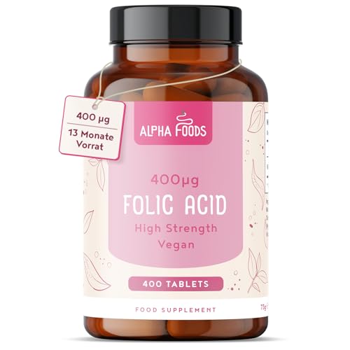 Folsäure | 400 Tabletten | 400 mcg pro Tablette | Schwangerschaft und Kinderwunsch | 100% Vegan | Hochdosiert | ohne unnötige Zusätze | Alpha Foods