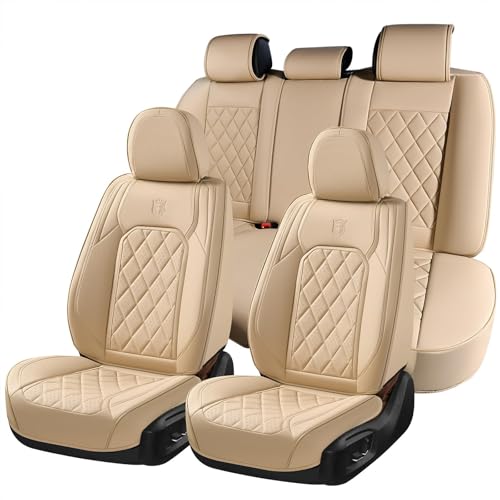 Image of Coverado Leather Seat Covers, Car Seat Covers Full Set, Waterproof Faux Leather Beige Seat Covers, Car Seat Protectors 5 Seats, Automotive Seat Covers Universal Fit for Most Cars SUV Trucks, Beige