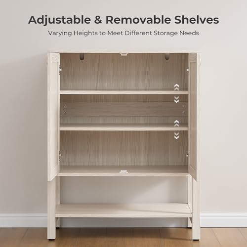Image of SICOTAS Shoe Storage Cabinet for Entryway - 5 Tier Rattan Entry Shoe Organizer Cabinet with Shelves & Doors, 2 Pieces Farmhouse Boho Shoe Rack for Hallway, Living Room, Closet (White Cream Oak)