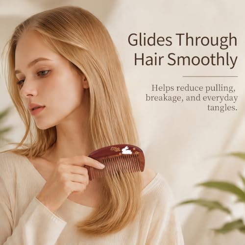 TAN MUJIANG Wooden Hair Comb for Women, Handmade Wooden Detangling Comb, Anti-Static Wide Tooth Comb with Hand-Painted Rabbit Design, Scalp Massage Hair Comb for Daily Hair Care - Image 2