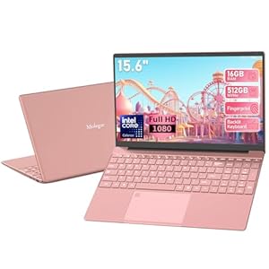Laptop FHD de 15.6 pulgadas, color rosa, 16 GB DDR4 RAM 512 GB PCIe SSD, computadora portátil con teclado retroiluminado, apertura de ángulo de 180°, lector de huellas dactilares, batería de 6000 mAh
