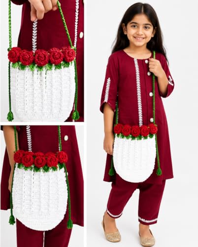 Image of RHC Handmade Crochet Bucket Bag with 3D Red Rose Floral Embellishment, White, Medium, Women's Crossbody Handbag 18x18