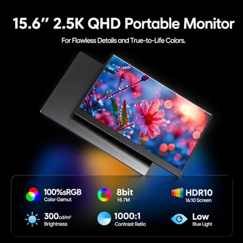 Image of 2.5K Portable Monitor, 15.6 inch 2560x1600 QHD External Monitor 100% sRGB Eye Care USB-C HDMI Second Screen for Laptop Mac Phone PS4 /5 Xbox Switch