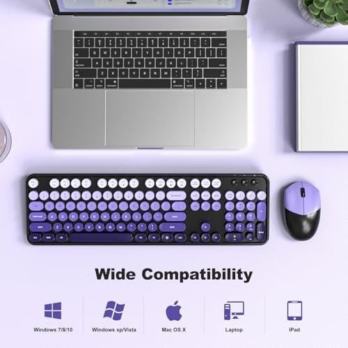 Image of Wireless Keyboard and Mouse Combo, 2.4GHz Gradient Colorful Full-Size Retro Typewriter Keyboard with Wireless Mouse for PC /Desktop /Laptop /Windows (Black Purple)