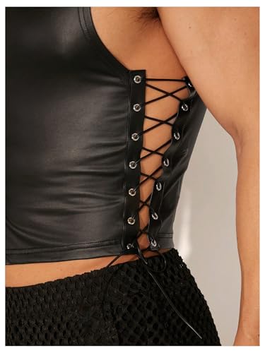 OYOANGLE Men's Faux Leather Tank Tops Sleeveless Fitted Muscle Undershirt Button Down Vest Top Nightwear4