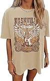 Oversized Rock Band T-Shirt Women Country Music Shirt Tops Nashville Music City Tshirt Vintage Guitar Wings Graphic Tees(Large,Beige)