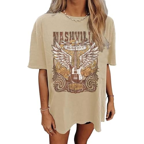 Oversized Nashville Music City T-Shirt Women Oversized Shirts Rock Band Tshirt Vintage Guitar Wings Graphic Tees