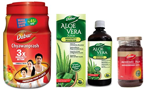 Image of Dabur Chyawanprash: 2X Immunity, helps build Strength and Stamina - 2Kg & Aloe Vera Juice Ayurvedic Health Juice For Immunity Boosting - 1 L & Ashwagandhadi Lehya - 225 Gm