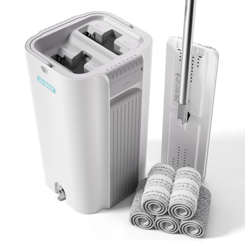 Image of JOYMOOP Flat Mop System, 8L Mop and Bucket Set with Extension Handle, White, Large Capacity Floor Cleaning Mop for Household & Commercial Use, Includes 5 Microfiber Pads for Wet & Dry Cleaning