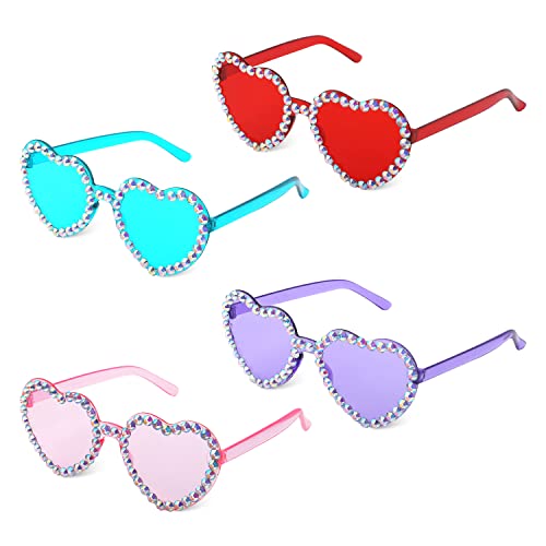 LUTER 4pcs Heart Shaped Rimless Sunglasses, Stylish Rhinestone Transparent Frameless Heart Sunglasses for Women Girls at Birthday Party Summer Party Bachelorette Parties (Red, Pink, Blue, Purple)