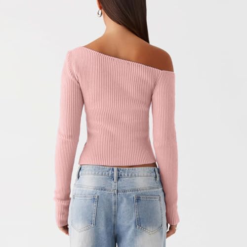 Image of Women Off Shoulder Long Sleeve Sweater Y2K Ribbed Knit Pullover Solid Crop Top Going Out Boat Neck Blouse
