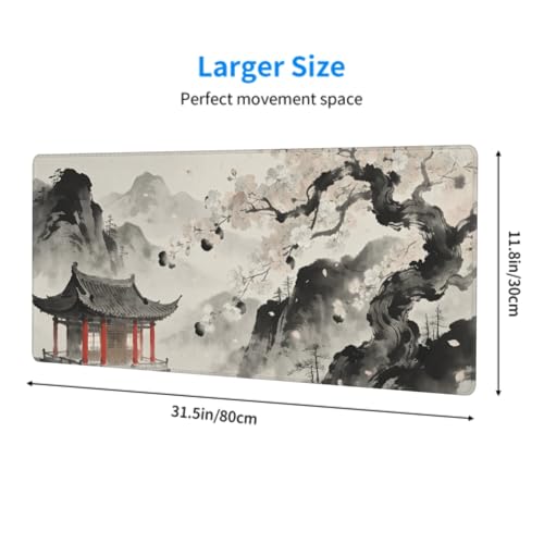 Image of Watercolor Painting Japanese Mouse Pad 31.5x11.8 XL Red Black Grey Cherry Blossoms Extended Large Mousepad Keyboard Mouse Mat Desk Pad with Non-Slip Rubber Base Stitched Edges for Home Office Game