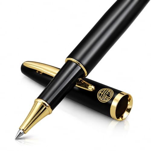 Cncrown Luxury Gold Rollerball Pen, 24K gold-plated exquisite pen body, stylish and simple design, two ink refills, gift set for men and women, executive writing, office, graduation gift (Black)