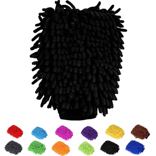 BOLTRY Car Wash Mitt Chenille Microfiber Super Absorbent, Premium Car Washing Gloves for Cleaning Cars, Trucks, Motorcycles (Black)