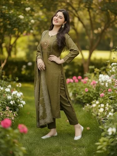 Image of ANNI Designer Women's Rayon Viscose Straight Embroidered Kurta with Pant and Dupatta | Ethnic Kurta Set for Festive, Office