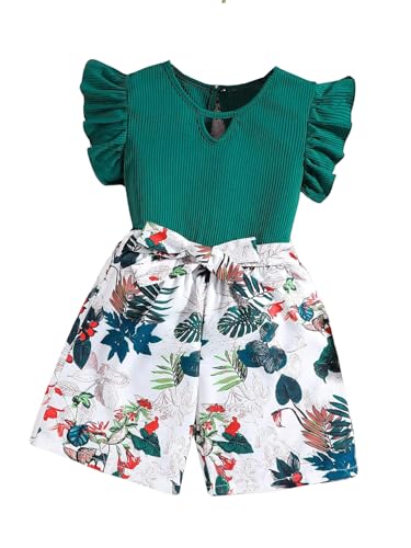 Image of Axumity Toddler Girl Clothes Outfits Tropical Print Short Sleeve Top + Belted Floral Shorts 2PC Summer Clothing Set(7-8T)