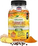 Turmeric and Black Pepper Capsules for Anti-Inflammatory and Joint Pain Relief - 180 Organic Capsules - High Strength Turmeric Curcumin Supplement with Added Black Pepper and Ginger - Made in UK