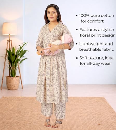 Image of Momenta Women's Pure Cotton Maternity Kurta Set | Feeding Kurti with Concealed Zippers | Maternity Dress for Pre & Post Pregnancy