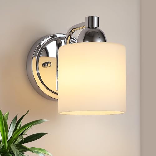 Mecgirn Polished Chrome Milk Glass Wall Sconces, 1 Pack Hardwired Indoor Wall Light Fixtures for Living Room, Hallway, Bedroom, Ceramic E26 Sockets (Bulbs Not Included)