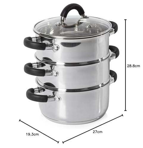 Tower T80836 Essentials Induction Steamer Pot 3-Layer with Glass Lid and Silicone Handles Potato Steamer Stainless Steel with Polished High Gloss Surface 18 cm Silver - Image 10