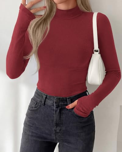 BTFBM Turtleneck Tops for Women Thumbhole Long Sleeve Shirts Red — view 2