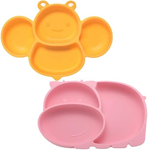 LongDear Suction Plates for Baby,Toddler Plates with Suction,Silicone Divided Kids Placemat Fits Most Highchair Trays,Microwave & Dishwasher Safe (Yellow & Pink)