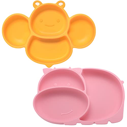 Longdear Suction Plates For Baby,Toddler Plates With Suction,Silicone Divided Kids Placemat Fits Most Highchair Trays,Microwave & Dishwasher Safe (Yellow & Pink) #TOP2