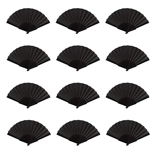 Mcuppe Hand Folding Chinese Fan for Women Nylon Cloth Fabric Fan 9 inch for Performance,Dance,Fighting, Wedding, Church, Party, Gift (Black, 12)