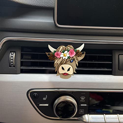 Carro de ventilação de aromaterapia em forma de vaca - Difusor de carro de madeira Highland Cow com