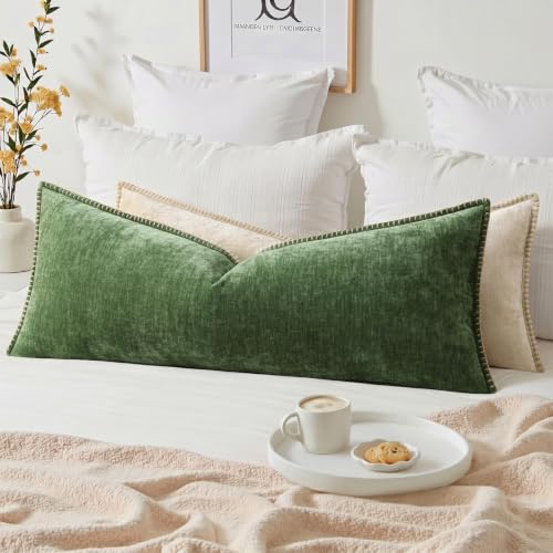 Image of decorUhome Fall Chenille Soft Cozy Throw Pillow Covers 14x36 Set of 1, Modern Farmhouse Boho Velvet Decorative Pillow Cases with Stitched Edge for Couch Sofa Bed Home Decor, Forest Green