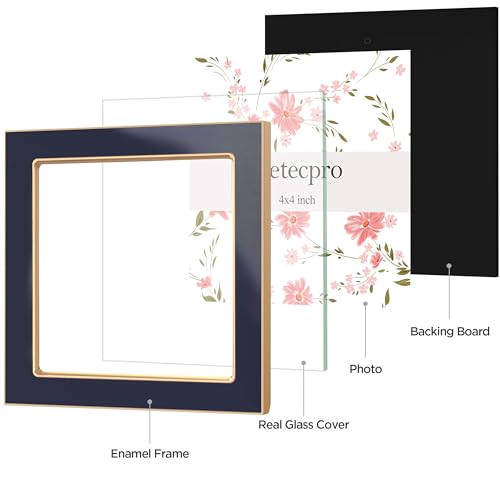 Image of eletecpro 4x4 Enamel Picture Frame with Real Glass Cover, Square Photo Frame with Gold Metal Edge Display Pictures 4 by 4 for Tabletop and Wall Decor, Navy, 1 Pack