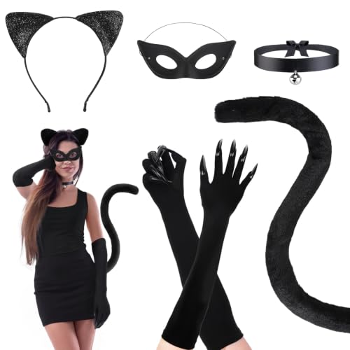 Halloween Cat Costume Accessories for Women - 5 Pcs Cute Black Mask Ears Tail Set, Cat Claw Gloves with Strong Long NAI for Adults Party Masquerade Cosplay
