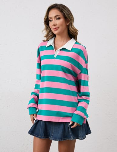 Meladyan Women’S Oversized Striped Polo Sweatshirt Long Sleeve V Neck Lapel Collared Polo Shirts 2024 Fall Pullover Tops Pink-Green thumb #6