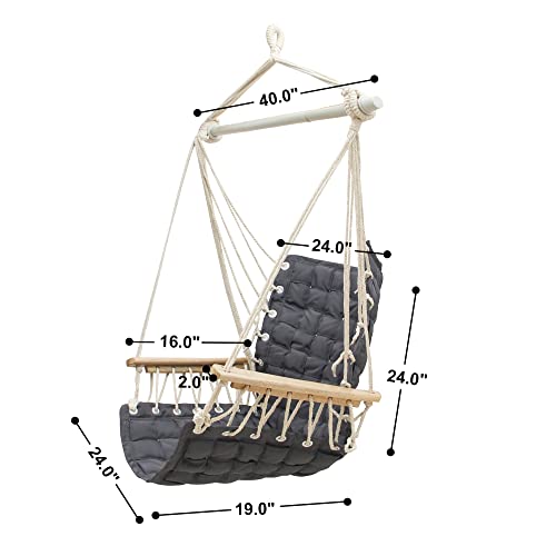 Image of Hammock Chair Hanging Swing with Wooden Armrests;Steel Spreader Bar and Anti-Slip Rings;Cotton Woven Fabric;Up to 300 Lbs for Bedroom,Patio,Porch,Deck-Indoor Outdoor Grey