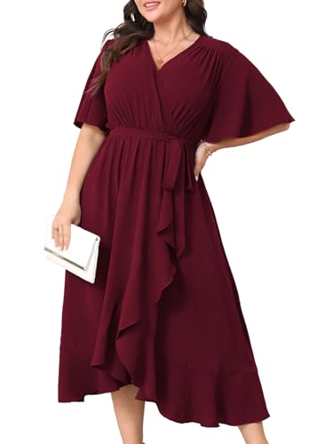 Plus Size Formal Wedding Guest Cocktail Dresses for Curvy Women Maxi Dress Wrap V Neck Short Sleeve Burgundy