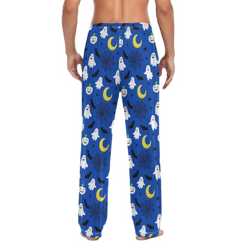Men's Cute Halloween Pumpkin Ghost Spiderweb Bats Blue Pajama Pants with Pocket S2