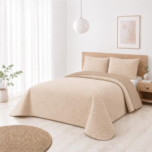 Colcha Boutis Para Primavera Y Verano Bicolor Reversible Liso De Color Beig 2 Funda Cojin 50x70 Cm - Colcha Ligera Fina Entretiempo Cama 150, 240x260cm