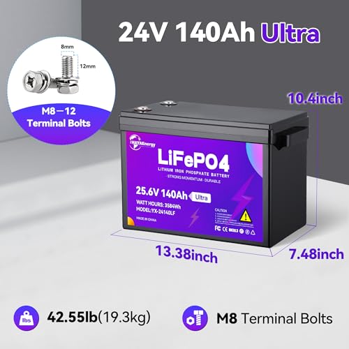 Image of 24V 140Ah Lithium Battery, Rechargeable LiFePO4 Battery with Built-in 100A BMS Board, 5000+ Deep Cycles, Higher Energy Density, for RVs, Van, Camping, Marine, Trolling Motor